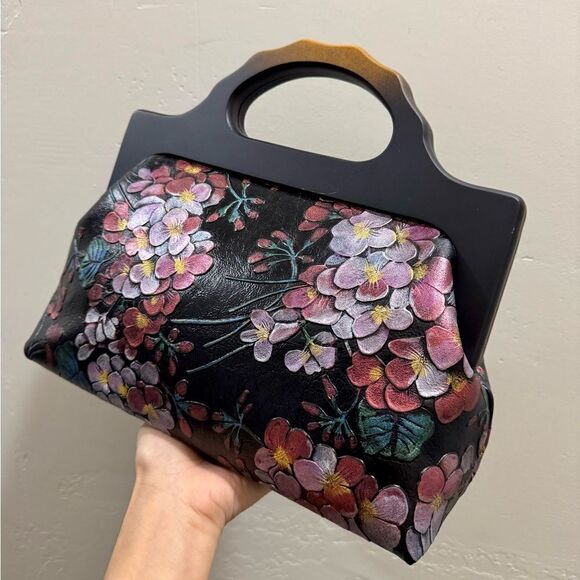 Handmade Cowhide Floral Embossed, Large Wooden Frame Bag & 2 Strap Styles - Picture 9 of 16